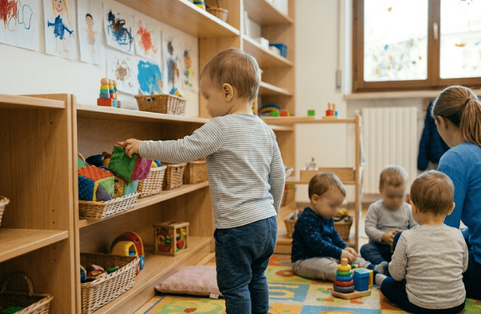 Un bambino piccolo in piedi seleziona un blocco di stoffa colorato da uno scaffale basso di legno in un nido, mentre altri bambini e un'educatrice giocano su un tappeto nelle vicinanze.