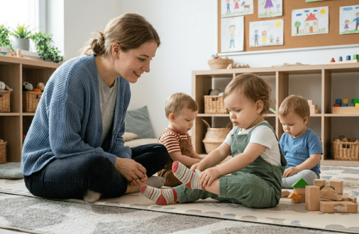 Un'educatrice sorridente seduta sul pavimento di una sezione nido mentre osserva un bambino piccolo che impara a indossare i calzini colorati in autonomia.