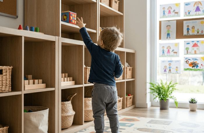 Bambino piccolo di spalle che allunga la mano per prendere un giocattolo da uno scaffale alto in un asilo nido.