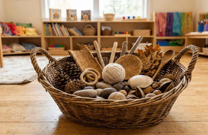 Il cestino dei tesori appoggiato a terra sul pavimento in legno di una scuola dell'infanzia, riempito con gomitoli, cucchiai di legno, pigne e cortecce.