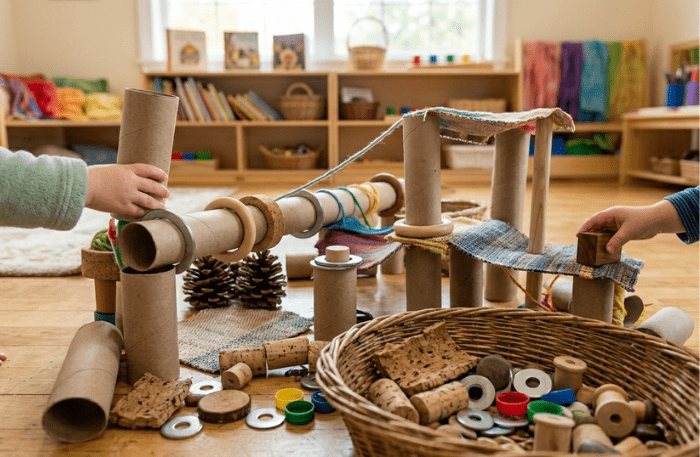 Bambini che giocano con materiali destrutturati e di riciclo alla scuola dell'infanzia, costruendo strutture con tubi di cartone, tappi, rocchetti e pezzi di stoffa.